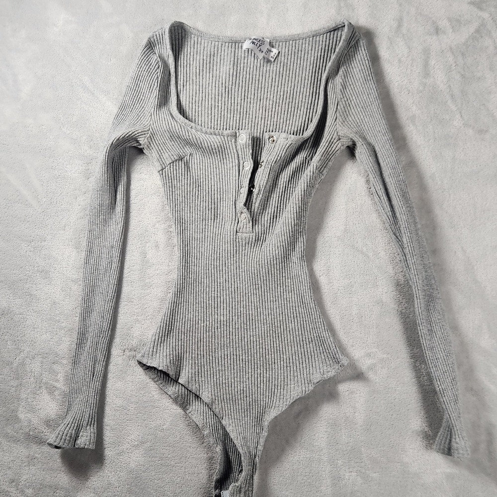 Princess Polly Ribbed Henley Bodysuit Grey Size 2 US XS Casual Basics Long Sleev